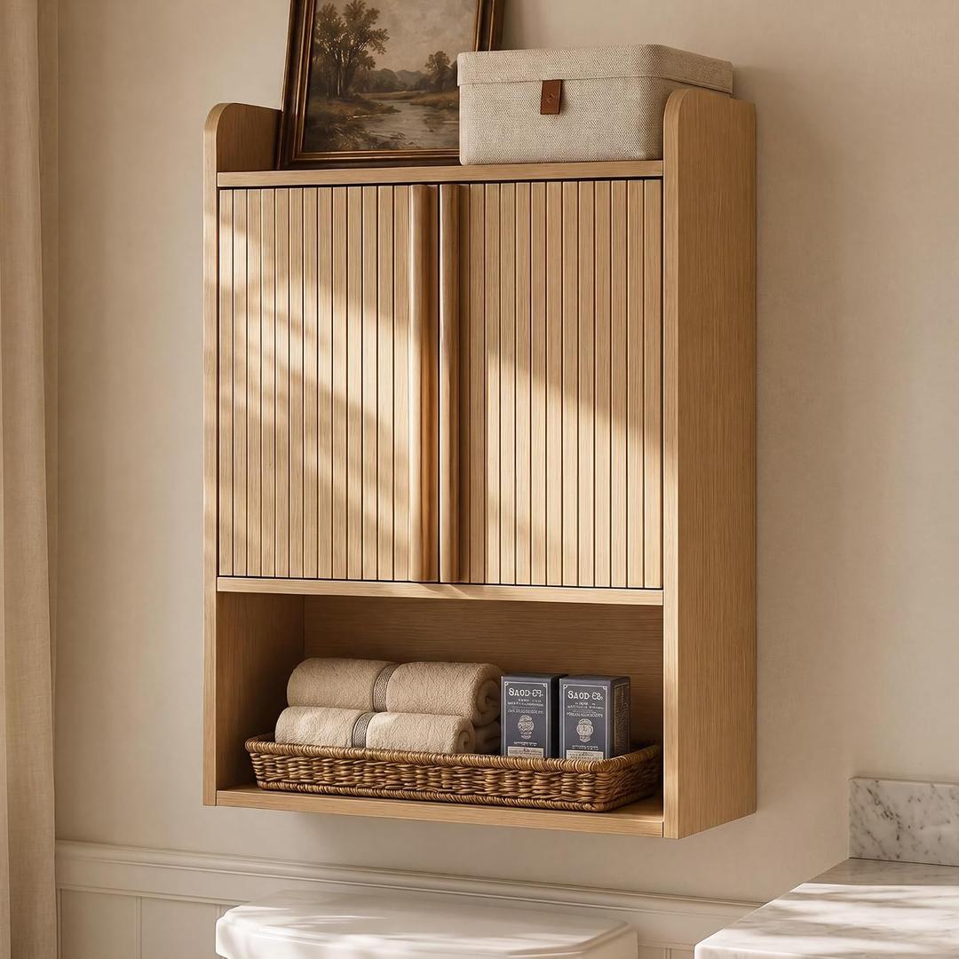 VANIRROR Bathroom Wall Cabinet, 24x9.3x33 inch Wood Finish Raised-Edge Top, Natural Oak 29