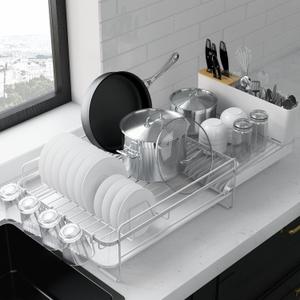 Kitsure Large Dish Drying Rack - Extendable Dish Rack, Multifunctional Dish Rack for Kitchen Counter, Anti-Rust Dish Drainers with Cutlery & Cup Holders 19.2"-26.7" L x 12.9" W, White