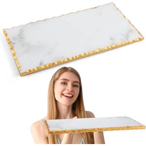 12" X 6" Marble Tray with Golden Foiling Natural Marble Board White Slab Candle Plate Tray for Kitchen Counter Cheese Charcuterie Wedding Gift House Warming Gift