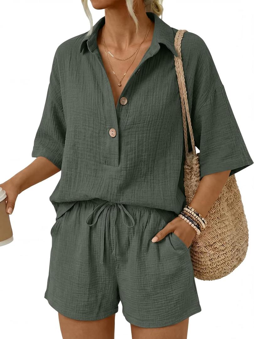 LILLUSORY Women 2 Piece Linen-feel Short Set Summer Outfit, Army Green Small