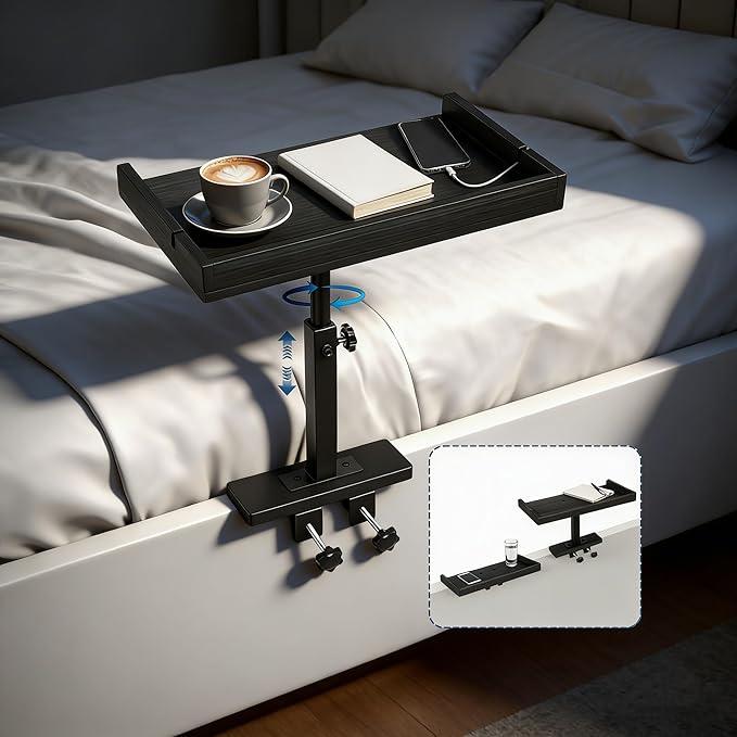 WGSWX Rotatable Bedside Shelf for Dorm Room Bunk Bed & Top Bunk, Adjustable Bamboo Bedside Tray with Metal Telescopic Rod, College Dorm Room Clipon Bedside Table, Loft Nightstand Organizer, Black