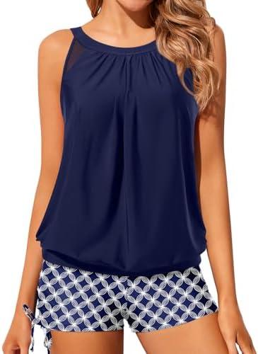 Yonique Tankini Swimsuits with Shorts - Tummy Control Two Piece Blouson Bathing Suits High Neck Swimwear L