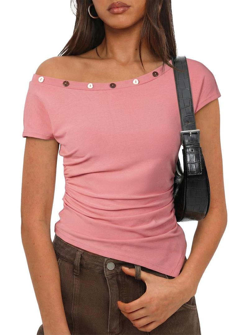 SHEWIN Women Tops Summer Short Sleeve Shirts Dressy Casual Sexy Boat Neck Tshirt Trendy Date Night Off Shoulder Blouses 2026 Going Out Clothes Size XL, Pink (Pink, XL)