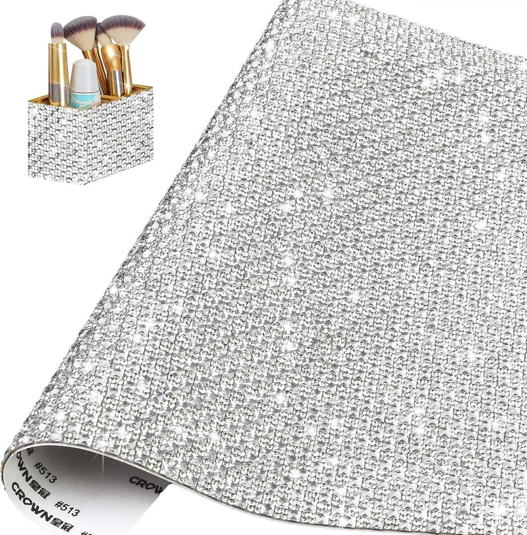 Bling Rhinestone Sticker, White Glass Gems Crystal Tape, 9.4 x 7.9 Inch Self Adhesive Rhinestone Sheet Sticker Diamond Ribbon for DIY Crafts Car Wedding Christmas Party Decorations (White)