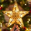 Christmas Star Tree Topper, Plug in Sliver Glittered 3D Star Tree Topper, Metal Hollow Designed Built-in 10 Bulbs String Lights for Indoor Office Christmas New Year Holiday Tree Decoration (Pvc Gold Star)