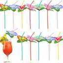 Healifty Hawaiian Flower Bendable Straws with Paper Umbrella, 20Pcs Tropical Luau Party Decor for Drinks, Disposable Plastic Summer Beach Pool Bar Favors 9.45 Inch