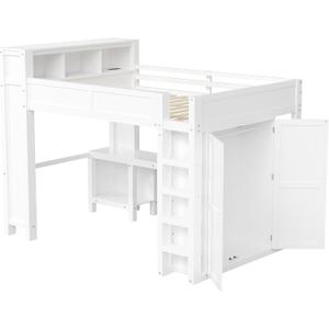 Merax Queen Loft Bed Frame with Desk and Wardrobe, Headboard with Storage & Charging Station, Wood Loft Bunk Bed with Solid Slats & Guardrail, No Box Spring Needed, Space-Saving, Noise Free, White