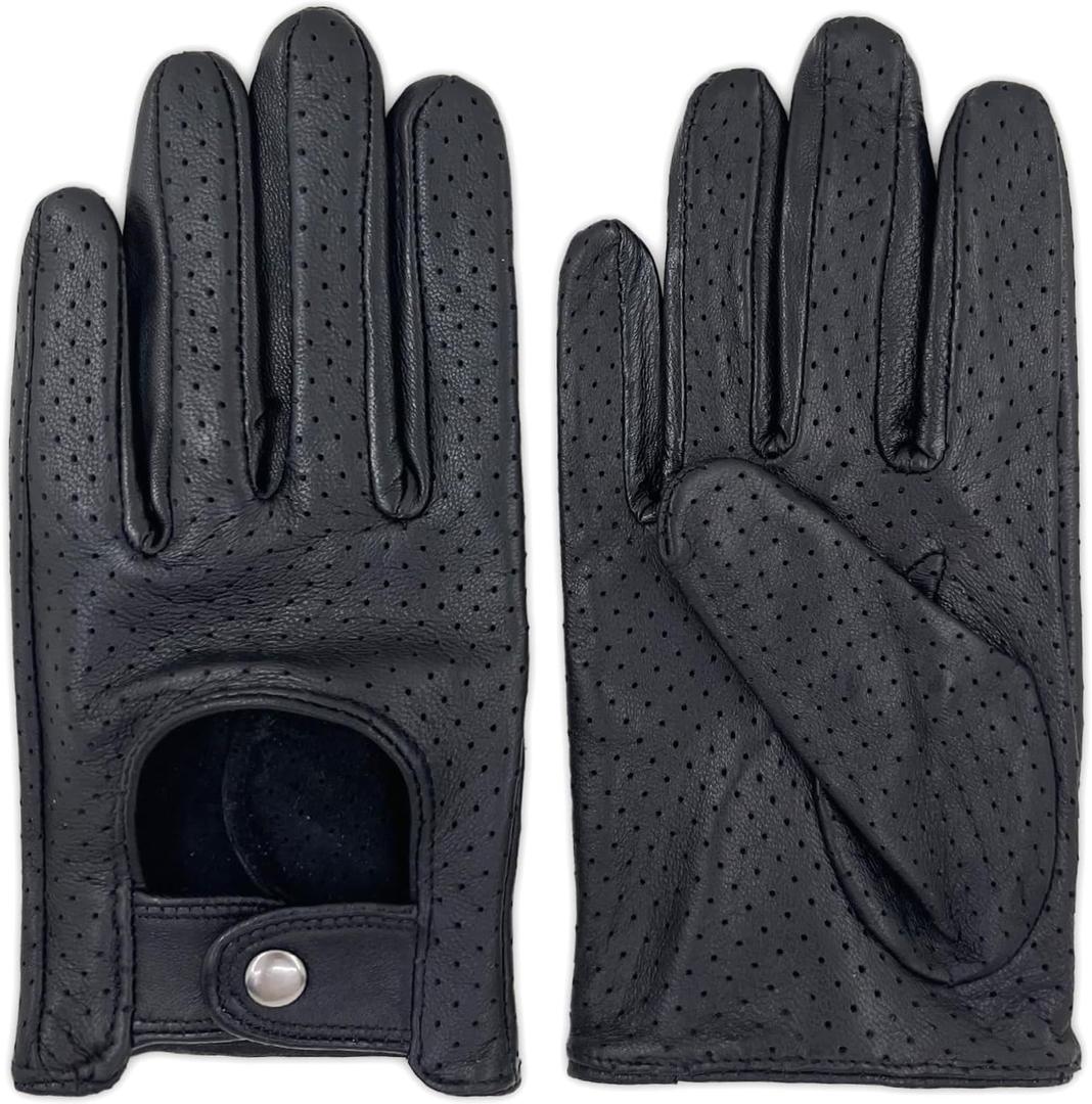 Zjjseloru Mens Genuine Lambskin Leather Driving Gloves Unlined, Touchscreen, Black, Large