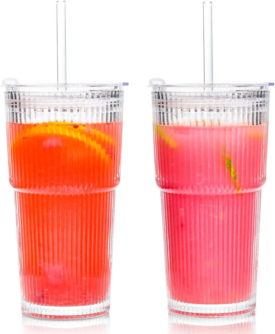 Icesip 20oz Ribbed Glass Cups with Lids and Straws Iced Coffee Glass Tumbler Drinking Glasses Set of 2 for Tea Juice Soda Smoothie(Ribbed A*2 with Lid)