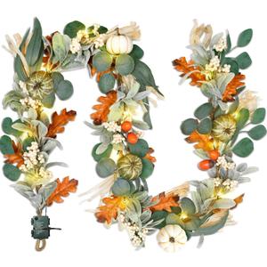 6ft Fall Garland with Lights, Eucalyptus Pumpkins Autumn Garland for Front Door, Fall Decor, Porch Wall, Home Outdoor Holiday Decorations for Autumn