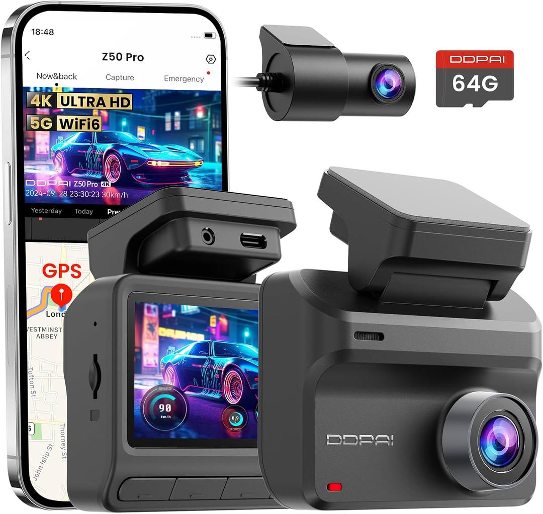 DDPAI Dash Cam Front and Rear, 4K+1080P Car On-Dash Mounted Cameras, Dashcam Included 64GB Card, Built-in 5G WiFi 6, GPS, 3'' IPS, AI ISP Night Vision, 48H Parking Mode, Loop Recording, ADAS, Z50 Pro