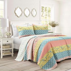 Lush Decor Royal Empire Reversible Cotton Quilt Set - 3 Piece Striped Bedding Set - Bold & Colorful Bohemian Patterns - Soft Cotton Feel - Full/ Queen, Blue and Coral