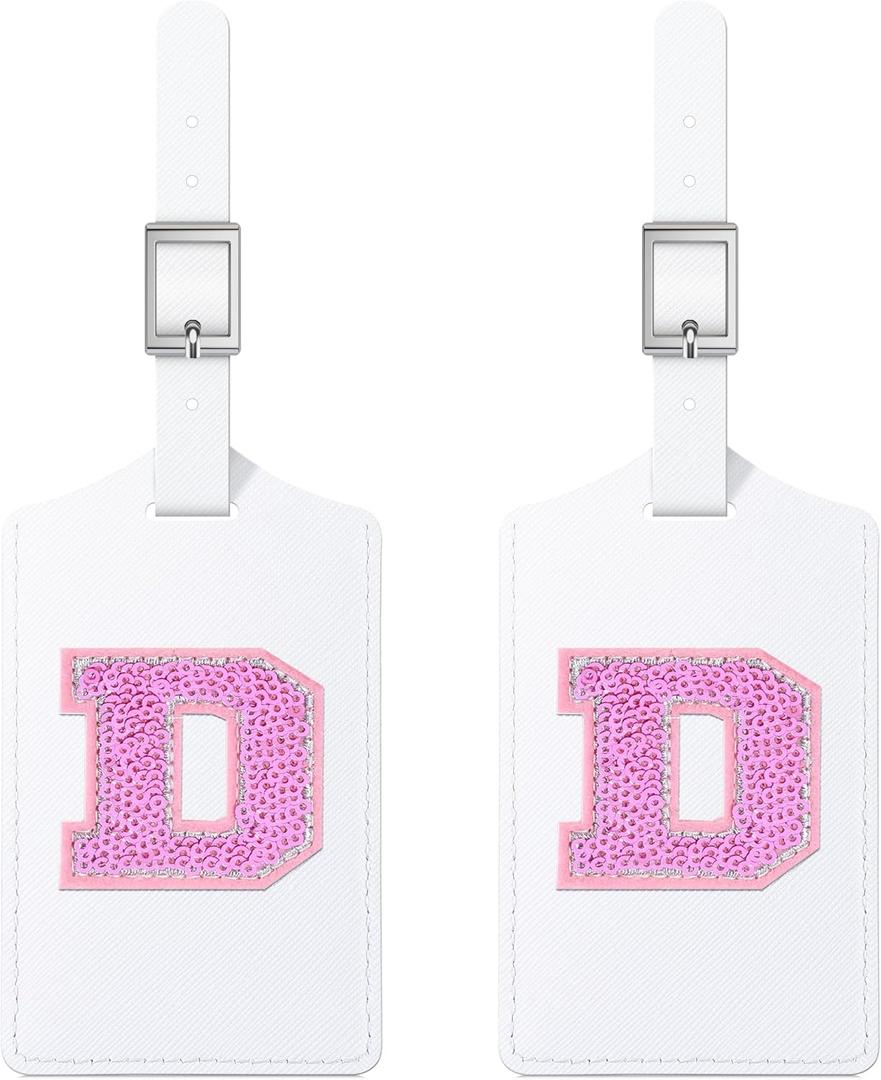 Sodsay 2 PCS Initial Luggage Tag, Luggage Tags for Suitcases Cute Sequin Letter PU Leather Travel Bag Baggage Tags Privacy Cover ID Label for Women Kids Teens Men(D, White Leather+Hot Pink Letter)