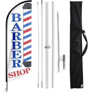 Barber Flag, Barbershop Flags with Pole Kit, Barbershop Flag with Pole Set for Businesses, Advertising Swooper Feather Flag Banner Sign for Barber Shop Business 11FT