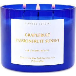 Grapefruit Passionfruit Sunset 3-Wick Scented Soy Candle, 15.8 oz | Large Tropical Citrus Candle for Home | Strong Aromatherapy Stress Relief Candles | Gift for Women & Men | Long-Lasting Clean Burn