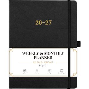 2026-2027 Planner - Weekly and Monthly Planner 2026-2027, Jul.2026 - Jun.2027, 9" x 11", 26-27 Calendar Planner with Inner Pocket + Bookmarks+ Leather Hardcover, Black
