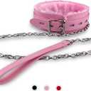 PU Leather Gothic Choker Collar with Long and Durable Detachable Leash Chain Adjustable Collar Necklace, Pink