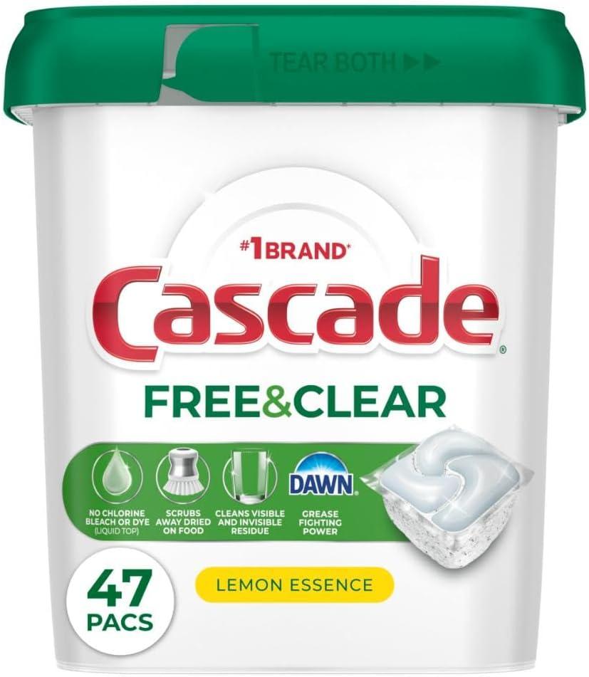 Cascade Free & Clear Dishwasher Pods, Dishwasher Detergent, Dish Detergent Soap, Lemon Essence, 47 Count