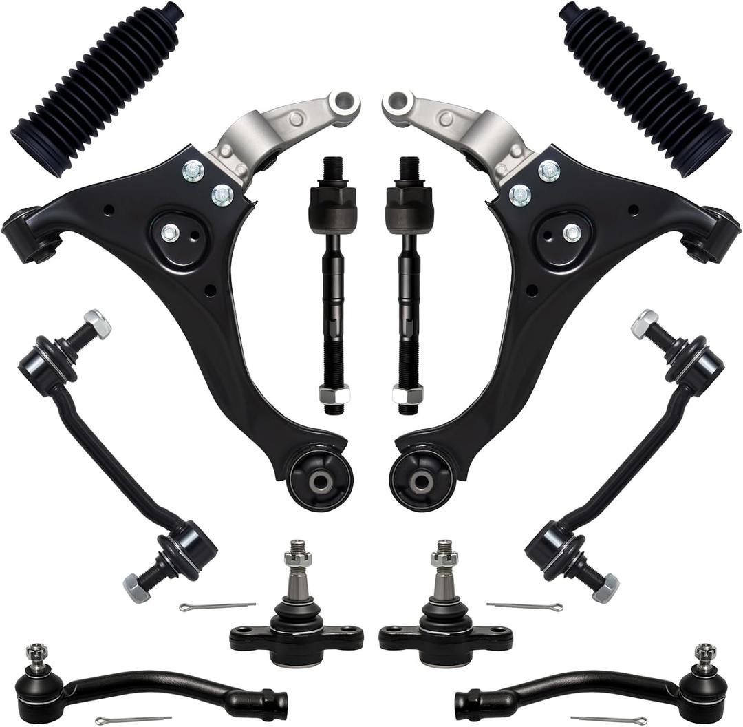 AUQDD 12Pc Front End Suspension Kit Fit For 2006-2010 Hy-undai Sonata, 2 Lower Control Arm 2 Ball Joint 2 Sway Bar Link 4 Outer & Inner Tie Rod End 2 Boot (# K641391 K80949 EV800345 ES800335 K500035)