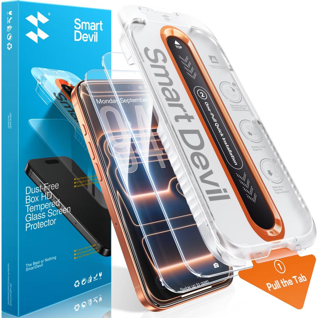 SMARTDEVIL 2 Pack Screen Protector for iPhone 17 Pro, 9H Hardness Military Grade Shatterproof HD Clear Tempered Glass, Easy to Install, Auto Bubble-Free and Dust-Free Box, Case Friendly