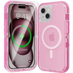for iPhone 14 Plus Case, Fits Magsafe,Heavy Duty Shockproof Protection Phone Cases with Screen Protector*1, Magnetic Transparent Protective Cover for iPhone 14 Plus 6.7 '', Pink