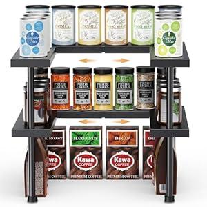 DOLALIKE Expandable Spice Rack Organizer, Stackable Cabinet Shelf Organizer Rack, Space Saving Kitchen Seasoning Organizer Storage for Home Pantry Cupboard (Black)