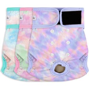 3 Pack Female Dog Diapers - Reusable Diapers for Doggie in Heat - Highly Absorbent Dog Diapers Female for Pet Incontinence with Adjustable Snaps (Tie Dye, L)