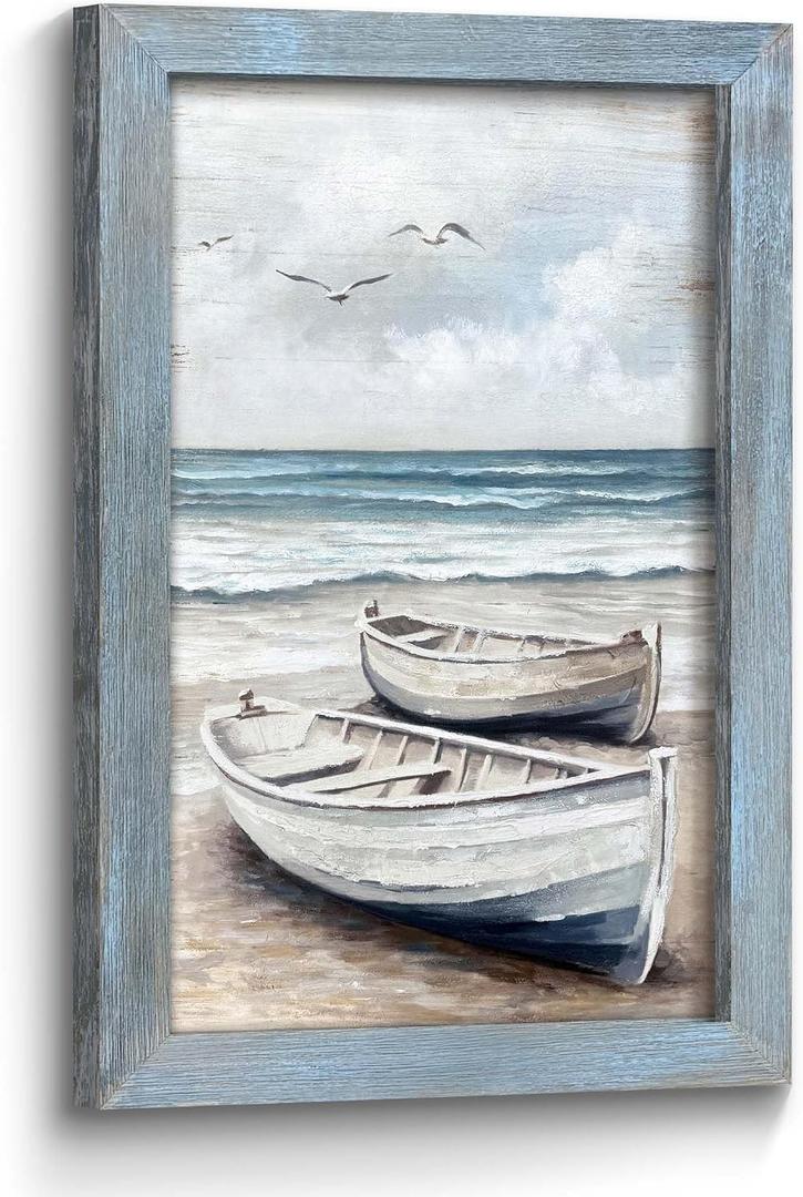 Seascape Beach Decor Wall Art: Ocean Coastal Boat Sea Bird Rustic Wooden Framed Painting Print Seagull Scene Artwork Seaside Relaxing Picture Decor for Bedroom Bathroom Living Room 24x16 Inch