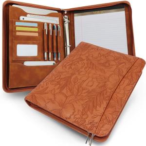 Embossed Faux Leather Zippered Padfolio with 3 Ring Binder, Executive Portfolio Organizer Binder for Women, Fits 13.9" Laptop/Tablet, Refillable Writing Pad Pocket, Brown (Zipper Portfolio(13.7"x11"x1.57"))