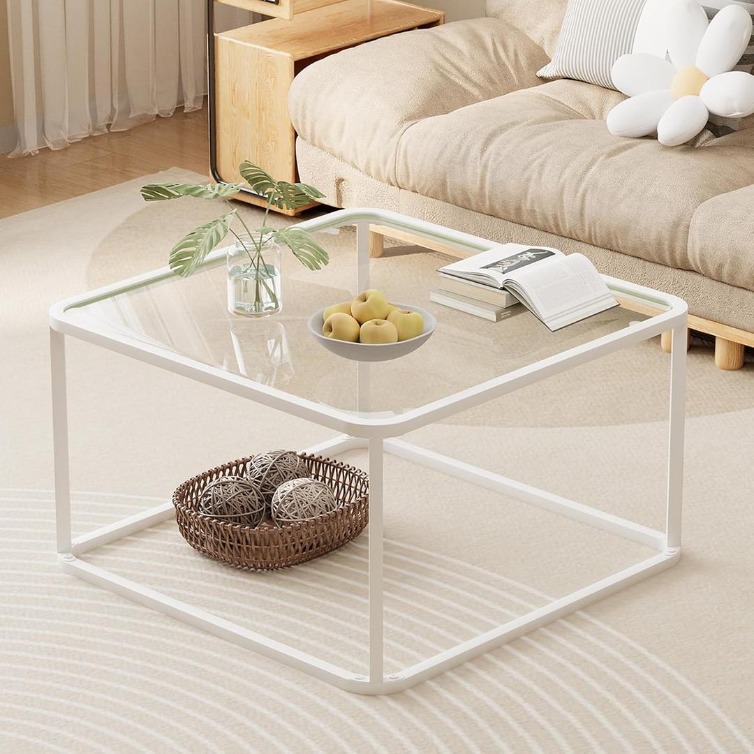 Coffee Table Glass, Minimalist Square Tables for Living Room, Modern Center Table for Office or Small Space, Sturdy Metal Frame, Easy Assembly, 26.4 x 26.4 x 15.7 Inches, White