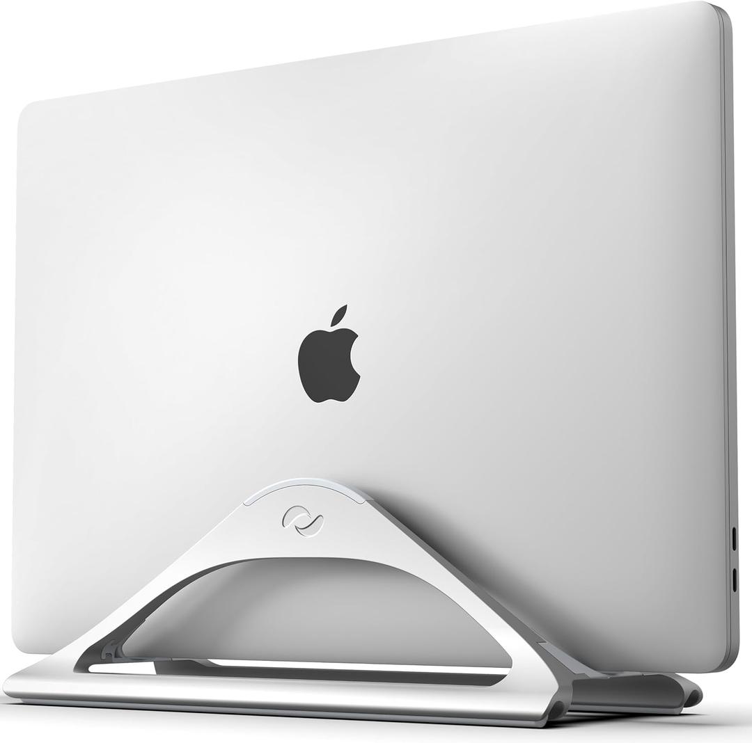 HumanCentric Vertical Laptop Stand for Desks in Silver Color, Upright Adjustable Holder to Dock Apple MacBook Stand, and Other Laptops to Organize Work & Home Office, Automatic Grip