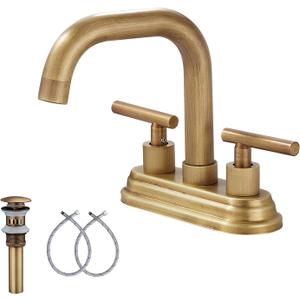 GGStudy Bathroom Vanity Faucet 2-Handles 4 Inches Centerset High Arc Spout Antique Brass with Drain Assembly and Supply Hose Lavatory Faucet Mixer Deck Mounted