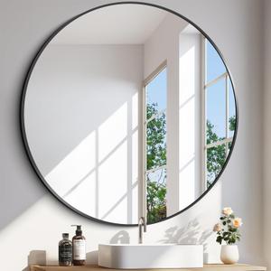 Black Round Mirror, 42 inch Large Circle Mirror, Aluminum Alloy Metal Frame Round Bathroom Mirror, Big Round Wall Mirror, Circle Mirrors for Wall Entryway Bedroom Living Room (42"L x 42"W, Black Frame)