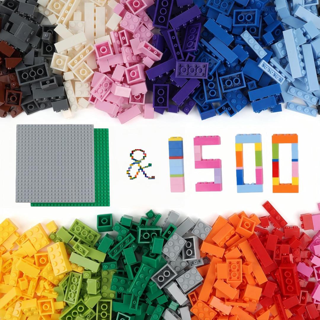 1500 PCS Building Blocks Set, with 2 Baseplates (7.5" 7.5") , STEM Educational Toys for School and Home, Imaginative Gift for Kids, 16 Colors