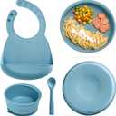 Silicone Baby Feeding Set, Self Feeding Baby Utensils with Suction Baby Bowl Plate Blue, 4 Pcs