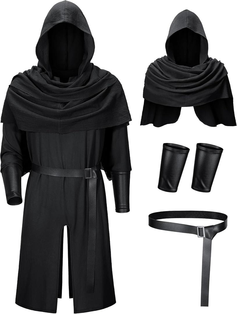 TOKYO REVENGERS Men Medieval Renaissance Pirate Costume Knight Cosplay Outfit LARP Costume Accessories Set (Medium, Black)