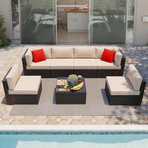 Shintenchi 7 Pieces Patio Furniture Sets Outdoor All-Weather Sectional Patio Sofa Set PE Rattan Manual Weaving Wicker Patio Conversation Set with Glass Table&Ottoman Cushion and Red Pillows, Beige