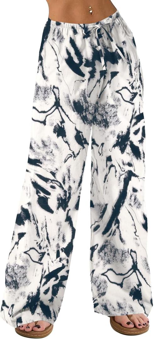 AKEWEI Women Casual Summer Palazzo Pants Drawstring Waist Wide Leg Lightweight Beach Trousers with Pockets Small