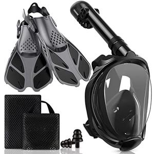 Viginsul Mask Fins Snorkeling Gear for Adults, Full Face Snorkel Mask & Adjustable Swim Fins Snorkel Set, Panoramic View Snorkel Mask Dry Top Anti-Fog Anti-Leak S/M