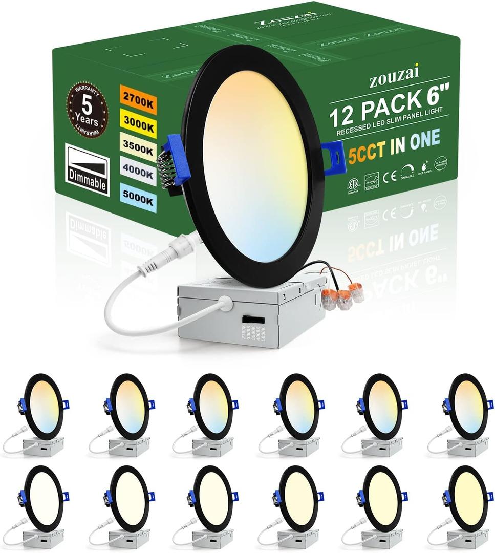zouzai 12 Pack 6 Inch Black 5CCT Reset LED Recessed Ceiling Light with Junction Box, 2700K/3000K/3500K/4000K/5000K Selectable, 12W Eqv 110W,Dimmable, led can Lights- ETL and Energy Star Certified