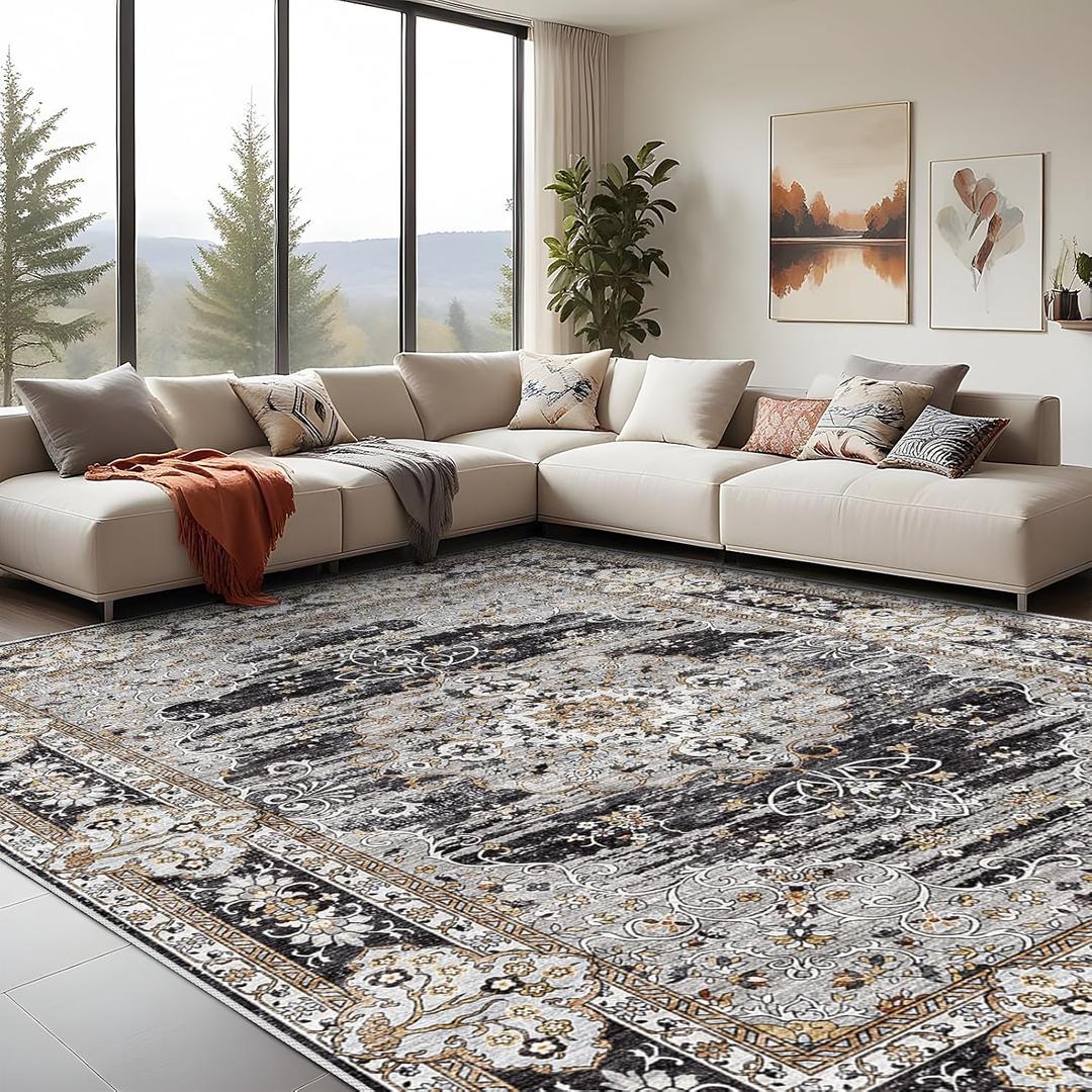 10x14 Washable Vintage Rug: Oriental Rugs for Living Room Non Slip Backing Stain Resistant Large Indoor Carpet for Bedroom Area Rug Dining Room Decor(Black,10x14FT)