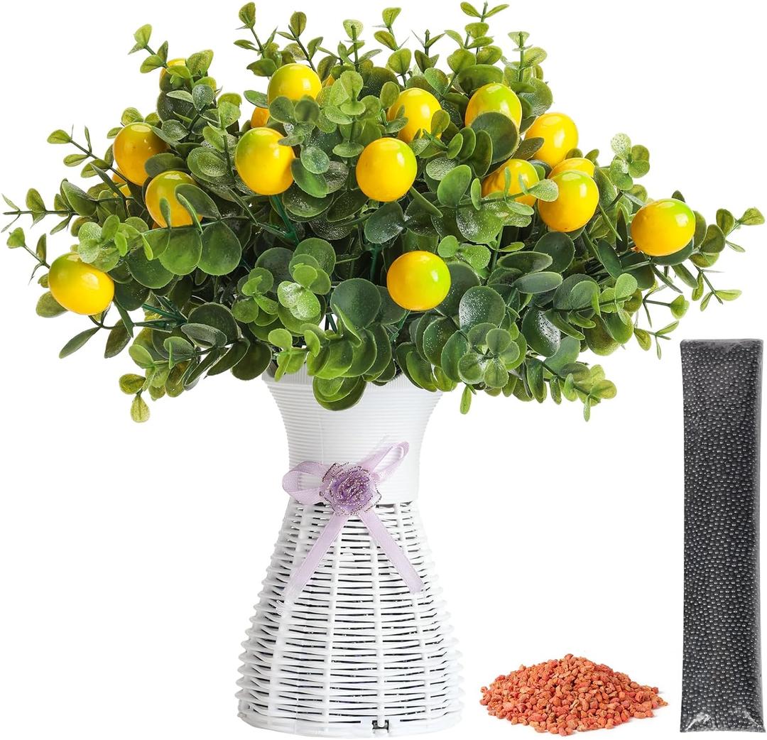 4-in-1 Faux Plant Set-Artificial Eucalyptus and Lemon Stems with Plastic Hollow Vase, Nano Mineral Odor Absorber Beads & Lemon Scented Pellets for Home Decor Air Fresh