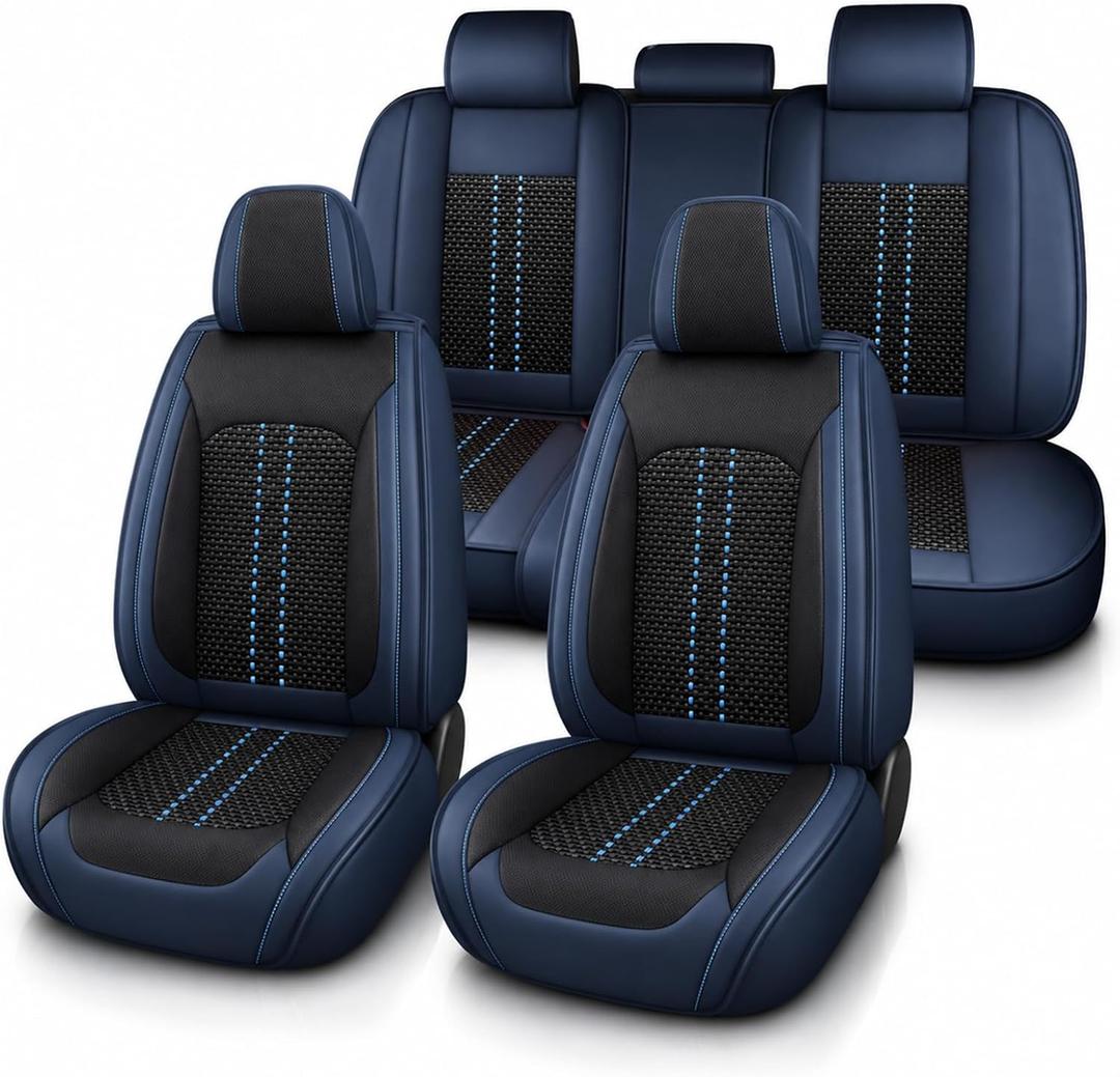 SecosAutoparts 5-Seat Car Seat Covers Full Set Microfiber Leather Waterproof Blue and Black Compatible Universal Fit Most Sedans SUVs Trucks Automotive Interior Seat Covers