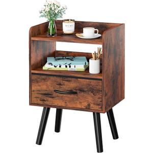 Yoobure Night Stand with Fabric Drawer, Modern Nightstand, Bedside Tables, Mid Century Nightstands with Open Storage Shelf, Wood Bedside Table, Small Night Stands for Bedrooms, 2-Tier Night Table (Berry Brown)