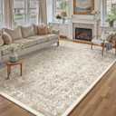 PureCozy Light Brown Area Rug 10x14 Machine Washable Large Vintage Living Room Distressed Non Slip Carpet Traditional Indoor Bedroom Retro Floral Accent Throw Rug for Office Kitchen Dining Room