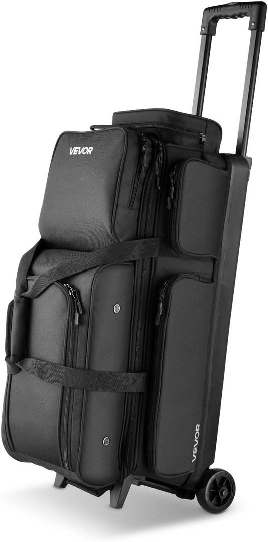 VEVOR Bowling Ball Bag, 3 Ball Double Roller Bowling Bag with Wheels, Featuring a Separate Compartment for Shoes (Up To US Size 16) & Oversized Accessory Pocket, Retractable Handle Extends to 41.34 in