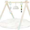 B. toys  Wooden Baby Play Gym  Activity Mat  Starry Sky  3 Hanging Sensory Toys  Natural Wood  Babies, Infants