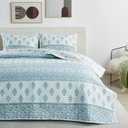 King Vintage Floral Quilt Coverlet & Pillow Shams | Blue Spring Bedding Sets| 3-Piece Reversible Summer Cottagecore Bedspread | Lightweight Quilt Set (King, Vintage Floral Stripe - Blue)