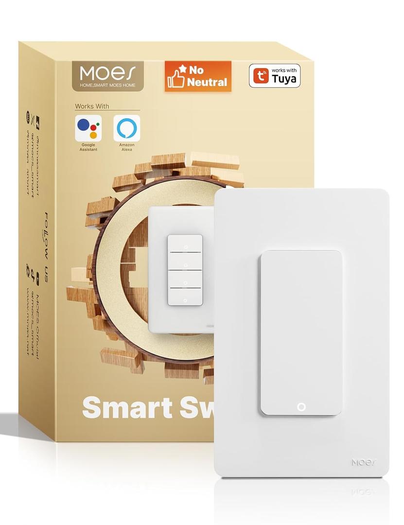 MOES WiFi Smart Light Switches, No Netural Wire No Hub Required, 2.4GHz Single Pole Switch, Compatible with Alexa Google Assistant (1 Gang Switch)