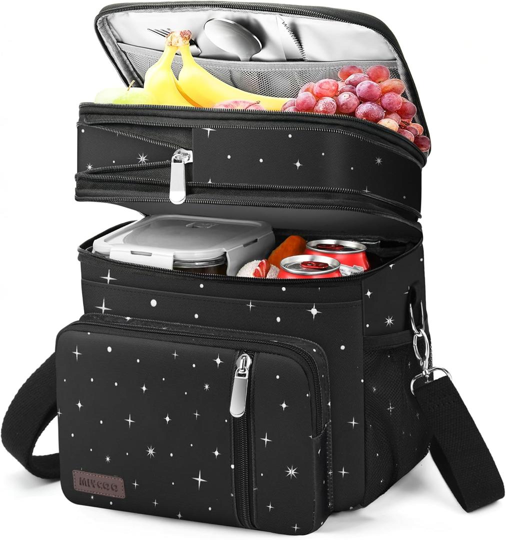 MIYCOO Lunch Bag & Lunch Box for Women Men, Double Deck Leakproof Insulated Soft Large Adult Camping Cooler bag for Work, Beach, Picnic, Travel (Black Starry Sky, 15L)